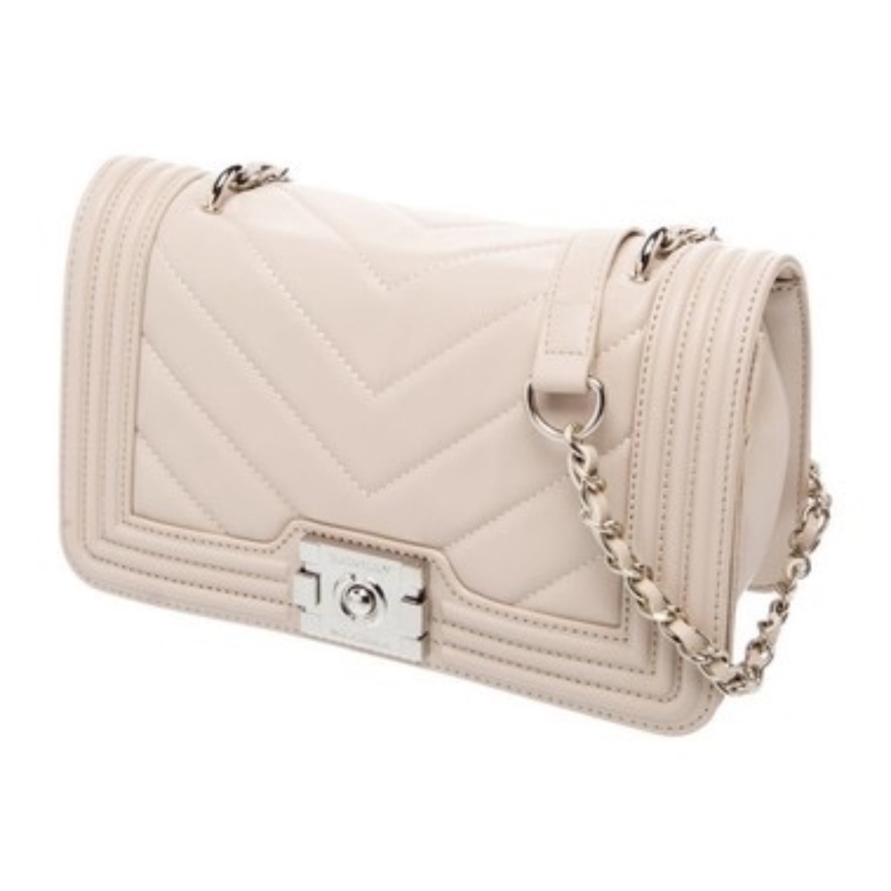 NWT Badgley Mischka V Quilted Crossbody Bag In Beige With Silver Hardware - Picture 3 of 8